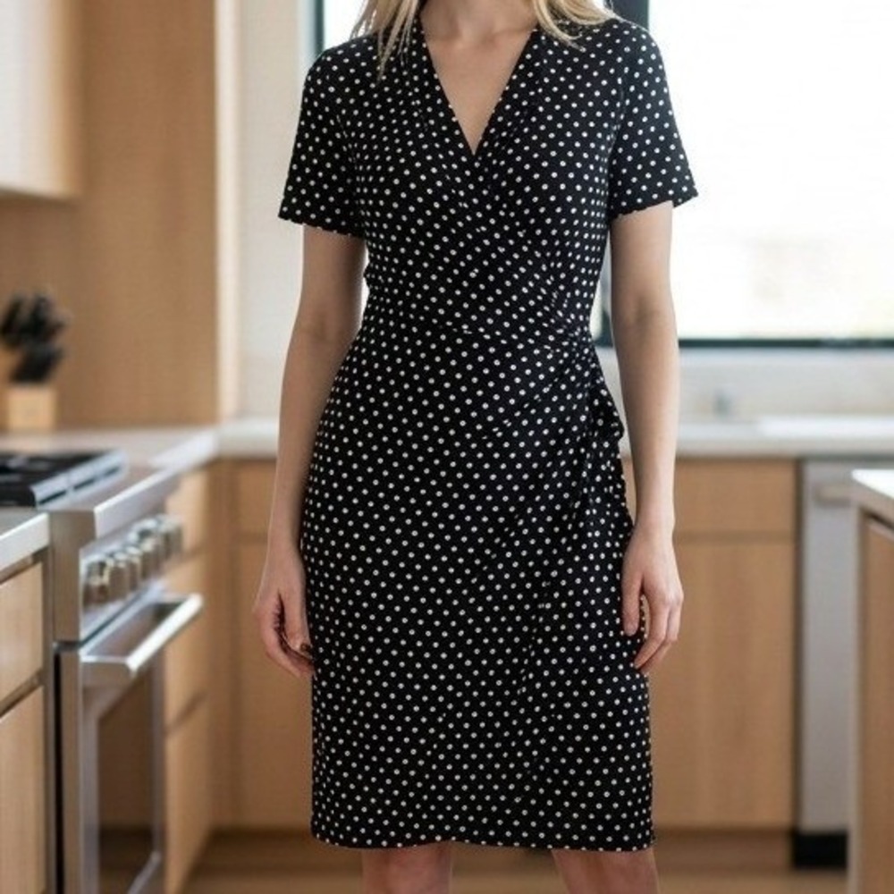 Norma Kamali‎  Black White Polka Dot Midi Dress Sz S Faux Wrap